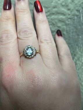 Gold Halo Aquamarine and Diamond Cluster Ring - Blue